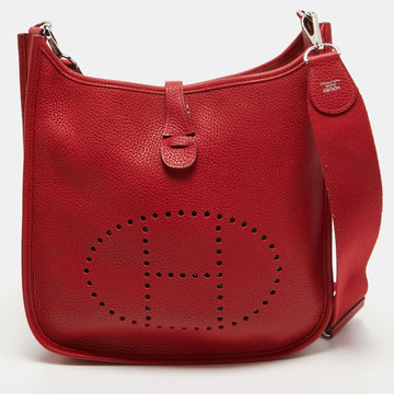 Hermes Rouge Casaque Taurillon Clemence Leather Evelyne III PM Bag
