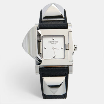 HERMES Silver Stainless Steel Leather Medor W028322WW00 Women's Wristwatch 23 mm