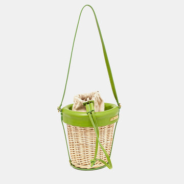 JACQUEMUS Green/Natural Wicker and Leather Le Panier Seau Bucket Bag