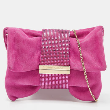 JIMMY CHOO Pink Shimmer Suede Chandra Chain Clutch