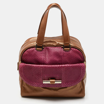 JIMMY CHOO Brown/Magenta Leather and Watersnake Leather Justine Satchel