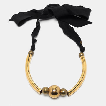 Lanvin Antique Gold Tone Bead & Grosgrain Ribbon Choker