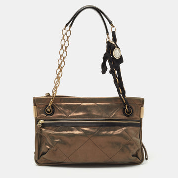 LANVIN Olive Green Shimmer Suede and Patent Leather Amalia Shoulder Bag