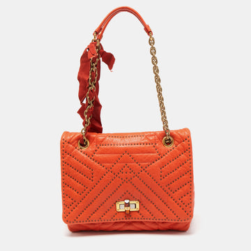 LANVIN Orange Quilted Studded Leather Happy Flap Shoulder Bag