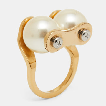 Louis Vuitton Speedy Faux Pearls Gold Tone Metal Ring Size 53