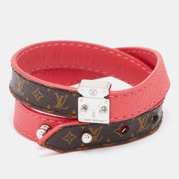 Louis Vuitton Pink Leather & Brown Monogram Canvas Lockit Double Wrap Bracelet