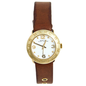 Marc by Marc Jacobs White Yellow Gold Plated Stainless Steel Leather Mini Amy MBM8575 Women's Wristwatch 26 mm