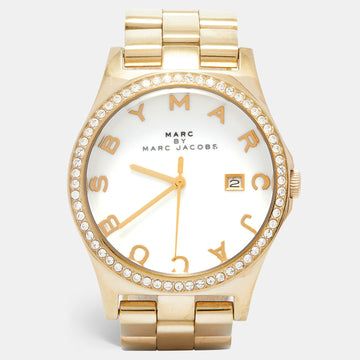 MARC BY MARC JACOBS White Gold PVD Coated Stainless Steel Crystal Embellished MBM3045 Henry Women's Wristwatch 38 MM