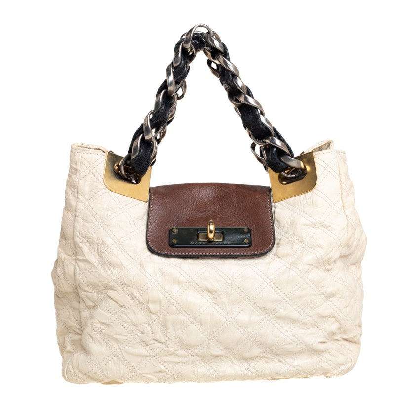 Marc Jacobs Cream/Brown Quilted Shimmer Leather Turnlock Flap Shoulder
