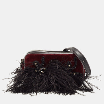 MARC JACOBS Black/Burgundy Velvet and Feather Snapshot Camera Crossbody Bag