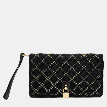 MARC JACOBS Black Suede and Satin Crystals Embellished Flap Clutch