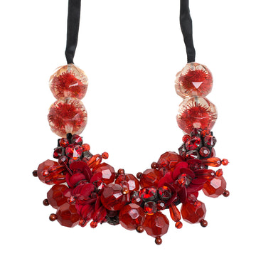 Marni Crimson Red Crystal and Paillette Embellished Ribbon Necklace