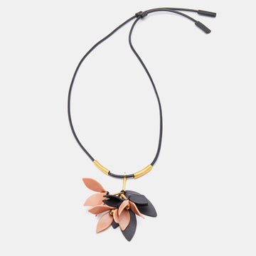 MARNI Gold Tone & Leather Resin Floral Pendant Adjustable Necklace