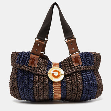 MARNI Brown/Blue Woven Straw and Leather Round Lock Tote