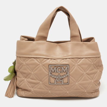 MCM Beige Essential Quilted Leather Logo Tote