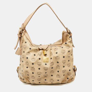MCM Beige Visetos Coated Canvas and Leather Essential Hobo