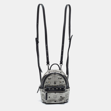 MCM  Silver/Black Monogram Leather Crystal Studded Backpack