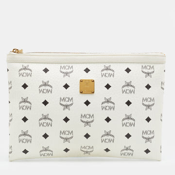 MCM White Vistos Coated Canvas And Leather Top Zip Pouch