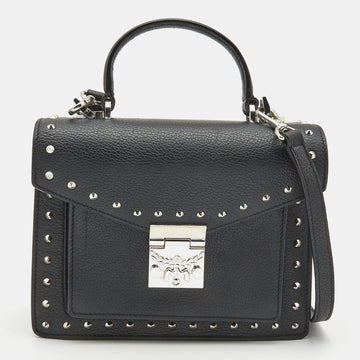 MCM Black Leather Small Studded Tracy Top Handle Bag