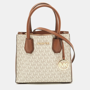 MICHAEL KORS White/Brown Signature Coated Canvas and Leather Mini Mercer Tote
