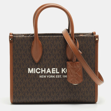 MICHAEL KORS Brown/Tan Signature Coated Canvas and Leather Small Mirella Tote