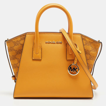 MICHAEL KORS Mustard Signature Leather and Suede Small Avril Satchel