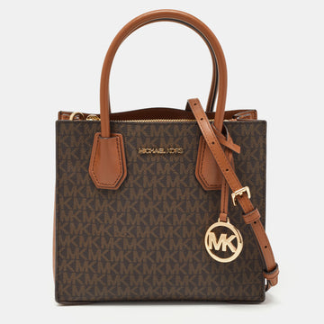 MICHAEL KORS Brown/Tan Signature Coated Canvas and Leather Mini Mercer Tote