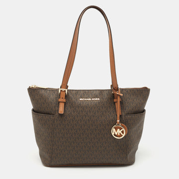 MICHAEL KORS Brown Signature Coated Canvas and Leather East West Tote