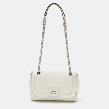 MICHAEL KORS White Saffiano Leather Hannah Perforated Flap Shoulder Bag