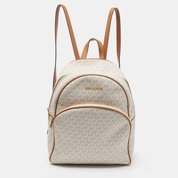 MICHAEL KORS Beige/Tan Signature Coated Canvas and Leather Abbey Backpack