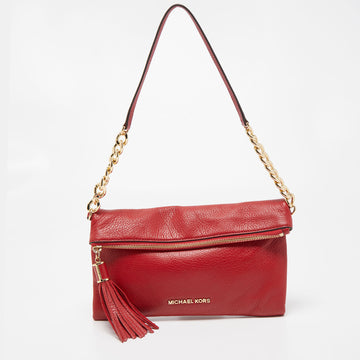 MICHAEL KORS Red Leather Fold Over Tassel Clutch Bag