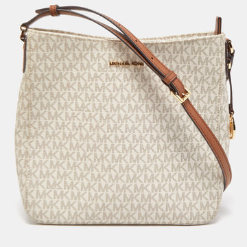 MICHAEL KORS White/Brown Signature Coated Canvas and Leather Large Jet Set Travel Messenger Bag