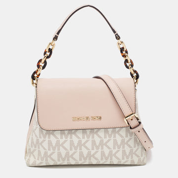 MICHAEL KORS Pink/Off-White Signature Canvas And Leather Small Portia Shoulder Bag