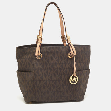 MICHAEL KORS Dark Brown Signature Coated Canvas and Leather Jet Set Tote