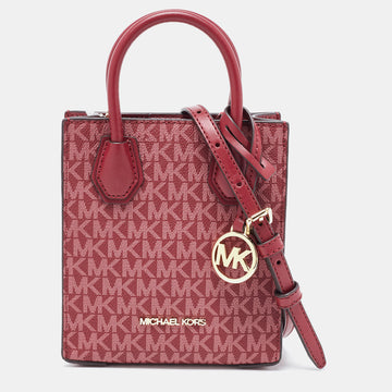 MICHAEL KORS Burgundy Signature Coated Canvas and Leather XS Mercer Tote