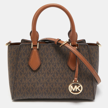 MICHAEL KORS Brown Signature Coated Canvas and Leather Small Daria 2 in 1 Satchel