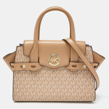 MICHAEL KORS Beige Signature Coated Canvas and Leather Carmen Tote