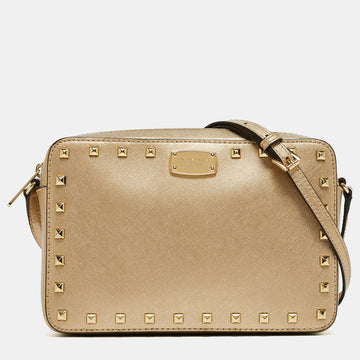 MICHAEL KORS Gold Leather Studded Camera Crossbody Bag