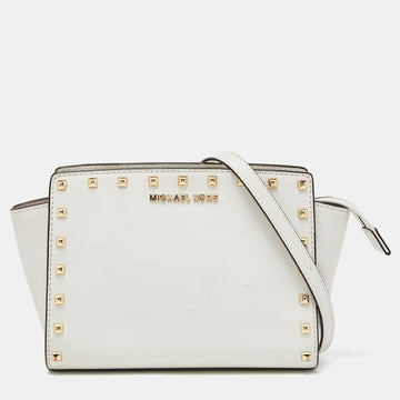 MICHAEL KORS White Saffiano Studded Leather Small Selma Crossbody Bag