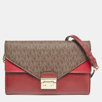 MICHAEL KORS Burgundy/Brown Signature Coated Canvas and Leather Chain Clutch