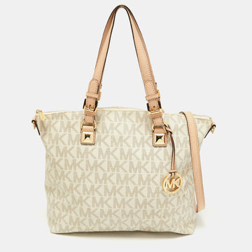 MICHAEL MICHAEL KORS Ivory Signature Coated Canvas and Leather Jet Set Zip Tote