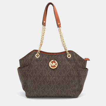 MICHAEL MICHAEL KORS Brown Signature Coated Canvas and Leather Jet Set Travel Chain Shoulder Bag