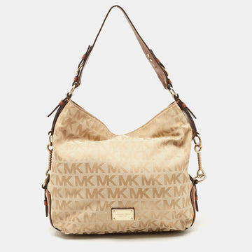 MICHAEL MICHAEL KORS Beige/Brown Signature Canvas and Leather Studded Hobo