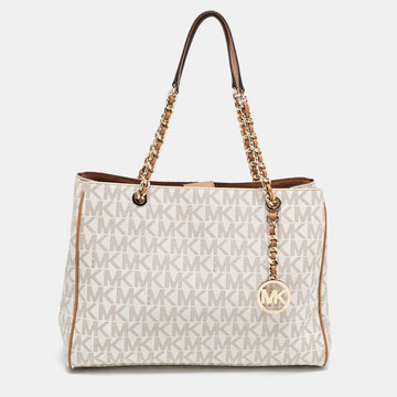 MICHAEL MICHAEL KORS White/Brown Signature Coated Canvas and Leather Tote