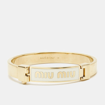 MIU MIU White Logo Print Enamel Gold Tone Bracelet