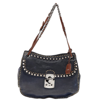 Miu Miu Navy Blue/Brown Leather Studded Chain Shoulder Bag
