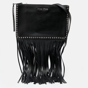 Miu Miu Black Leather Studded Fringe Crossbody Bag