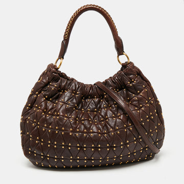 Miu Miu Brown Quilted Leather Studded Hobo