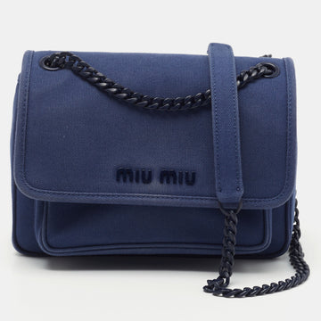 Miu Miu Blue Canapa Canvas Flap Chain Shoulder Bag