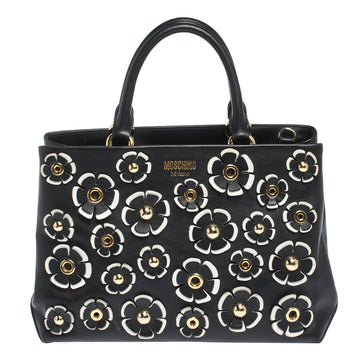 Moschino Black Floral Applique Leather Tote